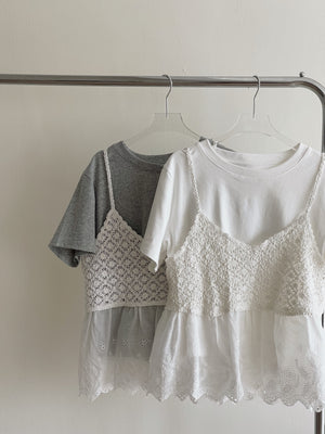 Saina Crochet 2pcs Top / 钩花针织吊带两件套