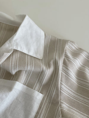 Stripes Linen Crop Shirt / 条纹翻领棉麻短衬