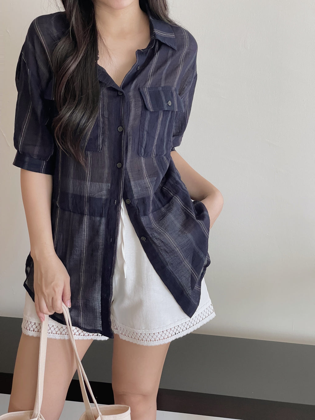 Navy Casual Striped Shirt / 慵懒宽松线条抽绳衬衫