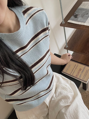 Korean Knit Round Tee / 横条撞色圆领毛衣T恤