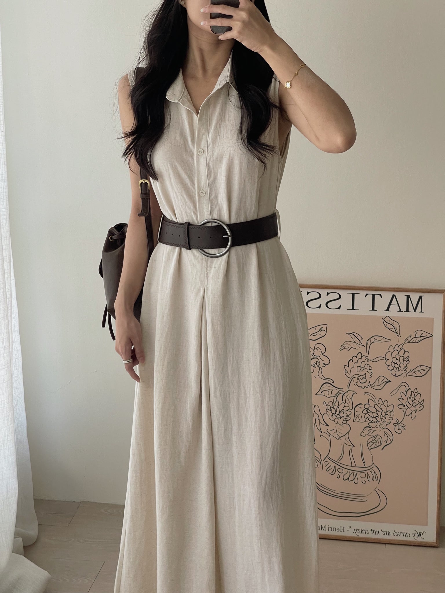 Vintage Belt Maxi Dress / 复古腰带棉麻衬衫长裙