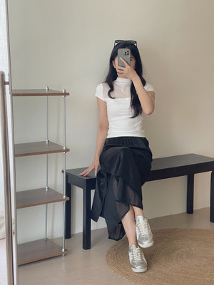 Satin Mesh Layers Skirt / 欧根纱缎面双层半身裙