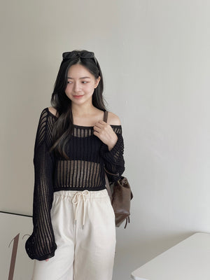Hollow Wide Shoulder Top / 镂空落肩长袖衫