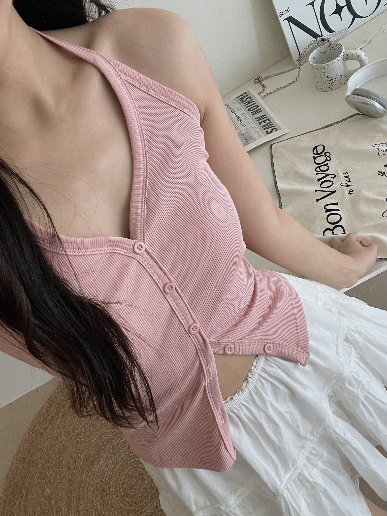 Button Halterneck Padded Top / 纯欲挂脖胸垫背心