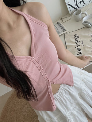 Button Halterneck Padded Top / 纯欲挂脖胸垫背心