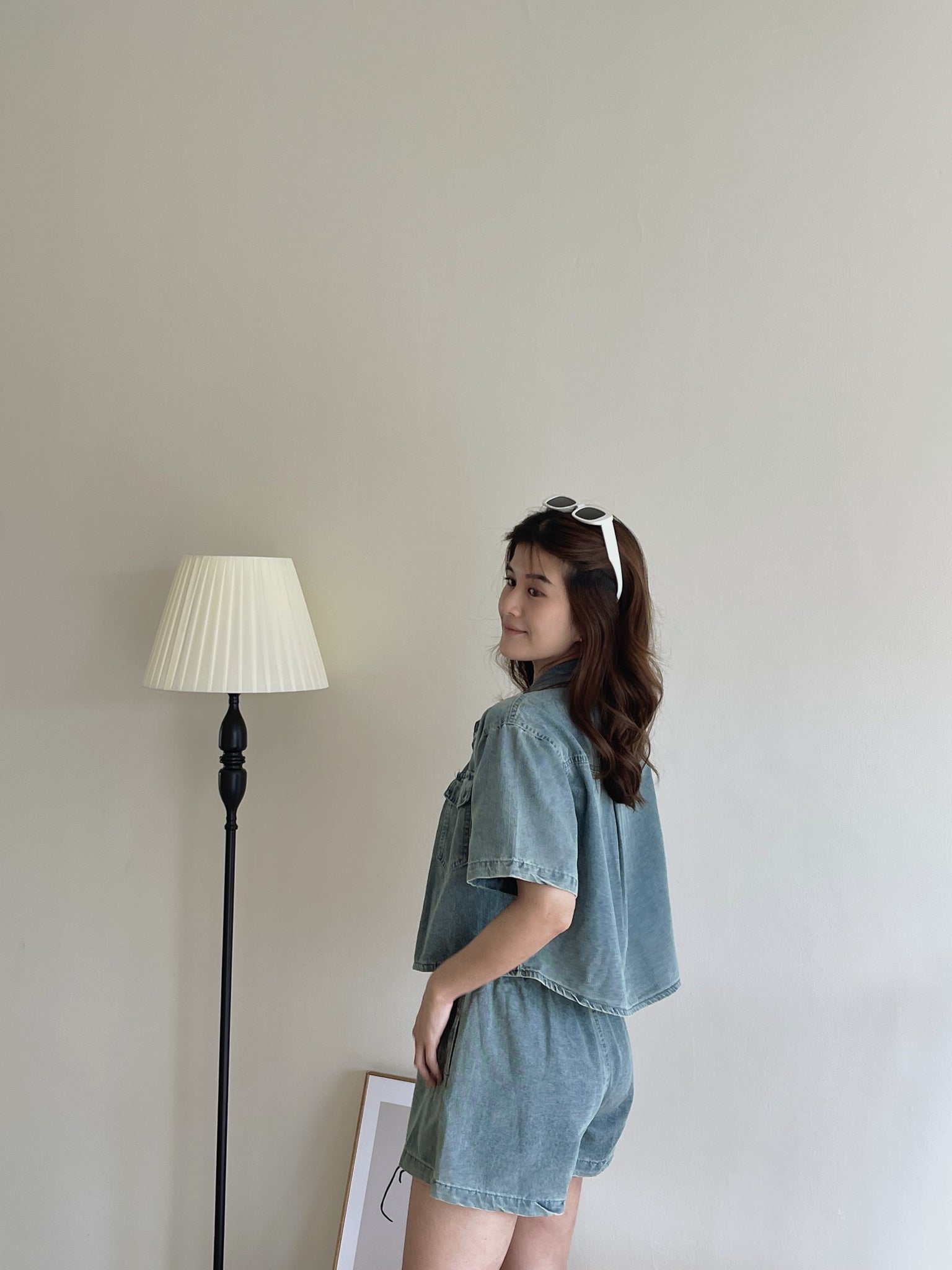 Denim Short Set / 排扣双口袋牛仔两件套