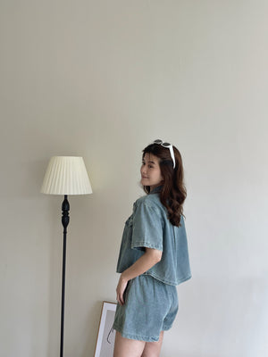 Denim Short Set / 排扣双口袋牛仔两件套