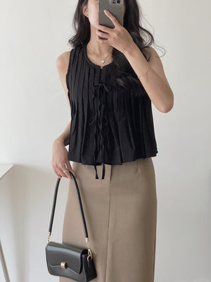 Ribbon Pleated Top / 麻料百褶蝴蝶结上衣