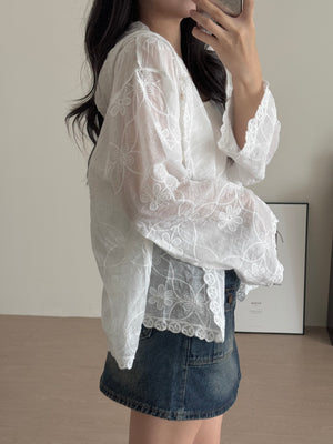 Eyelet Hooded Outer / 蕾丝刺绣连帽外套