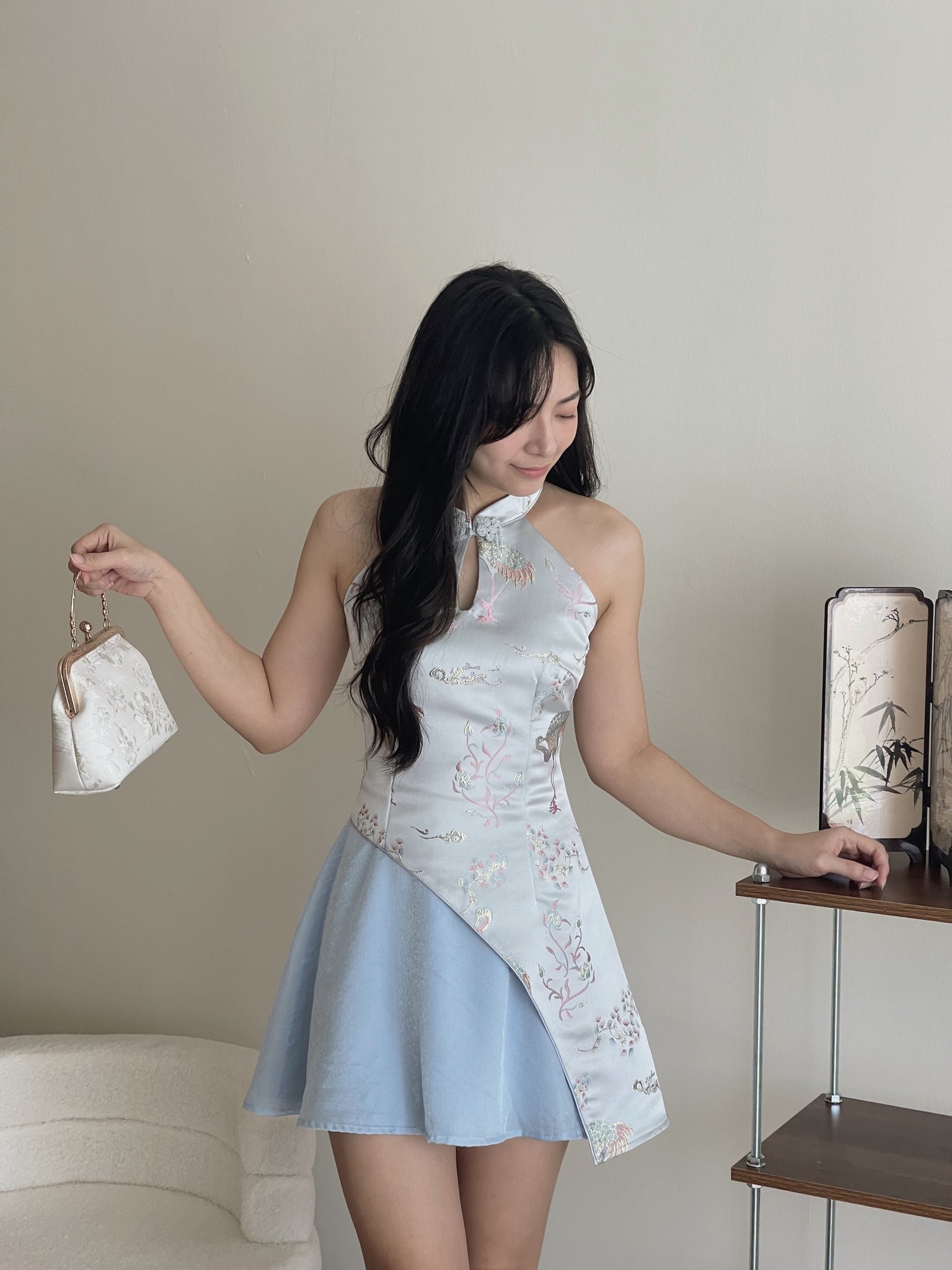 Dreamy Blossom Cheongsam Dress / 绮梦花锦挂脖拼接旗袍裙