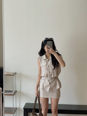 Minimalist Belted Set / 优雅系带无袖衬衫两件套