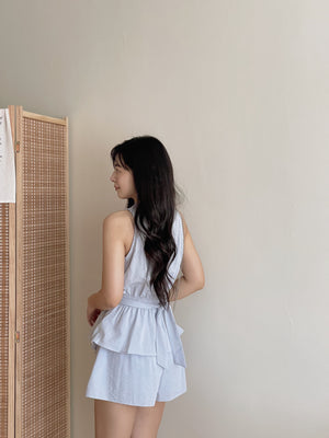 Peplum Sweet Top Set / V领收腰阔腿短裤套装