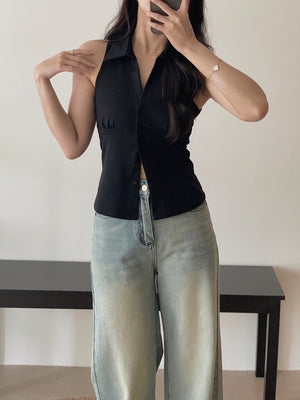 Collared Split Slim Top / 辣妹Polo领排扣修身小衫