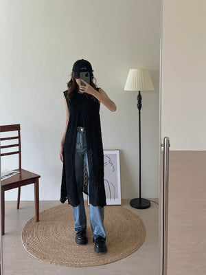 Crochet Split Long Top / 叠穿镂空开叉上衣