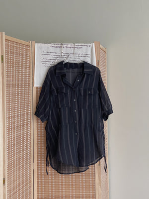 Navy Casual Striped Shirt / 慵懒宽松线条抽绳衬衫