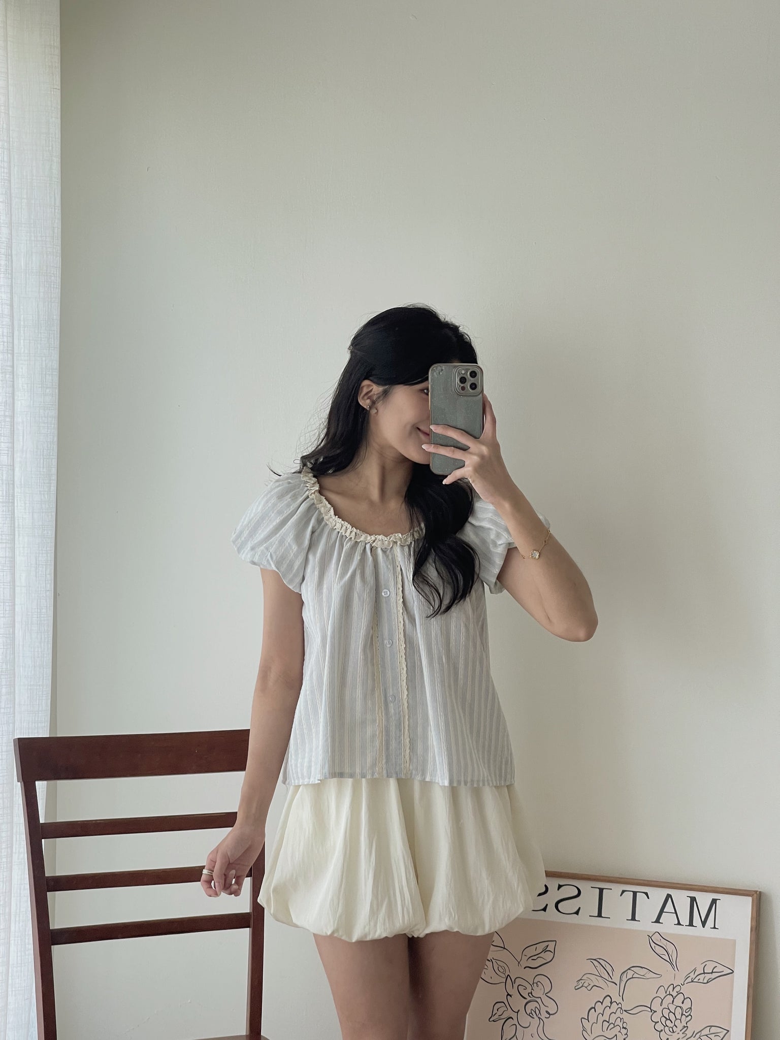 Airy Strip Puff Blouse / 泡泡袖条纹上衣
