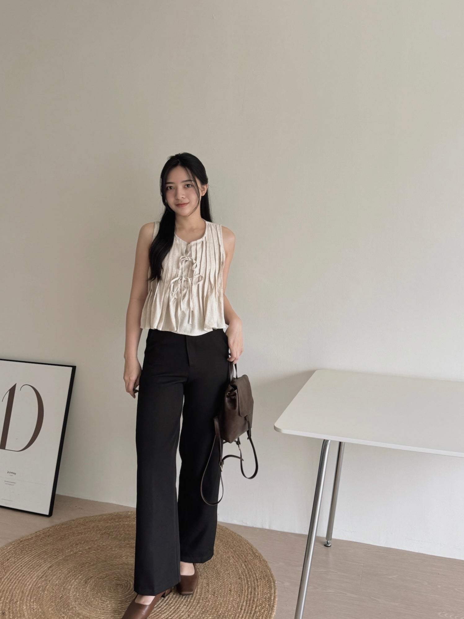 Ribbon Pleated Top / 麻料百褶蝴蝶结上衣