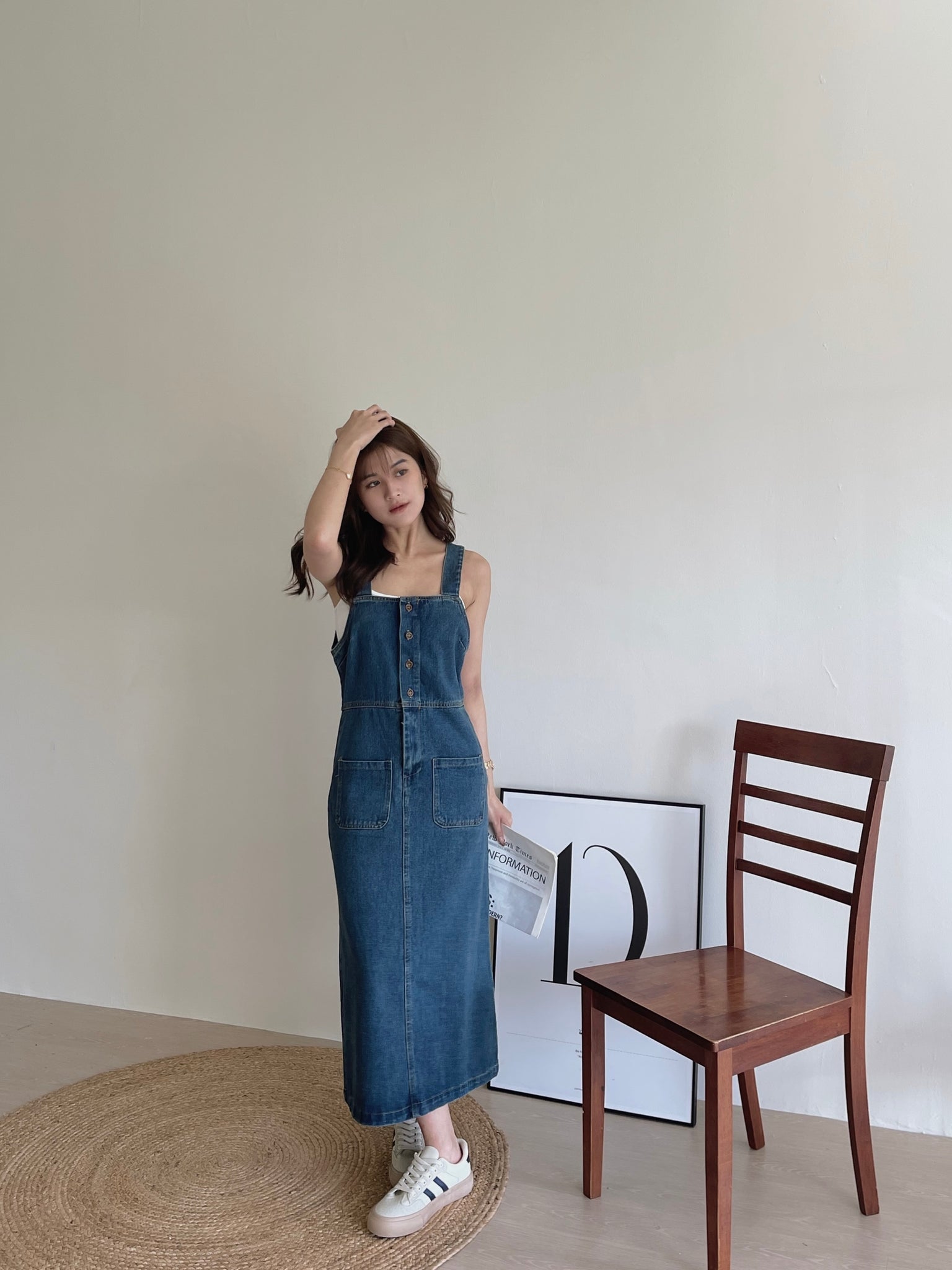 Button Up Dungaree Dress / 排扣牛仔背带长裙