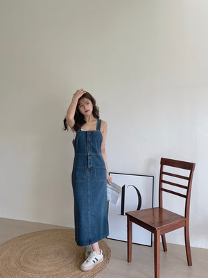 Button Up Dungaree Dress / 排扣牛仔背带长裙