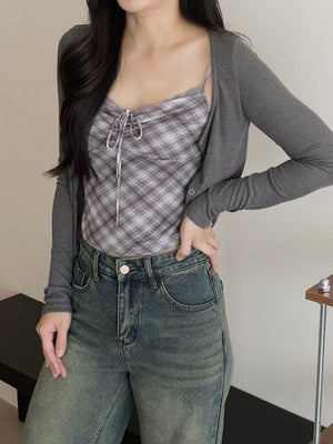 Vintage Checkered Top Set / 复古格子吊带开衫上衣