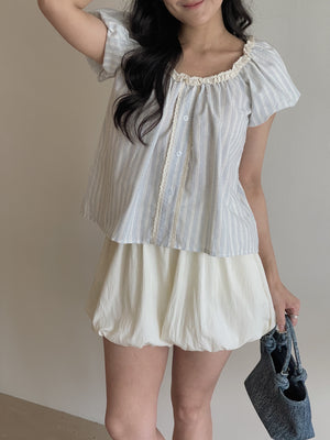 Airy Strip Puff Blouse / 泡泡袖条纹上衣