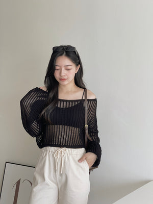Hollow Wide Shoulder Top / 镂空落肩长袖衫