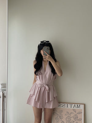 Peplum Sweet Top Set / V领收腰阔腿短裤套装