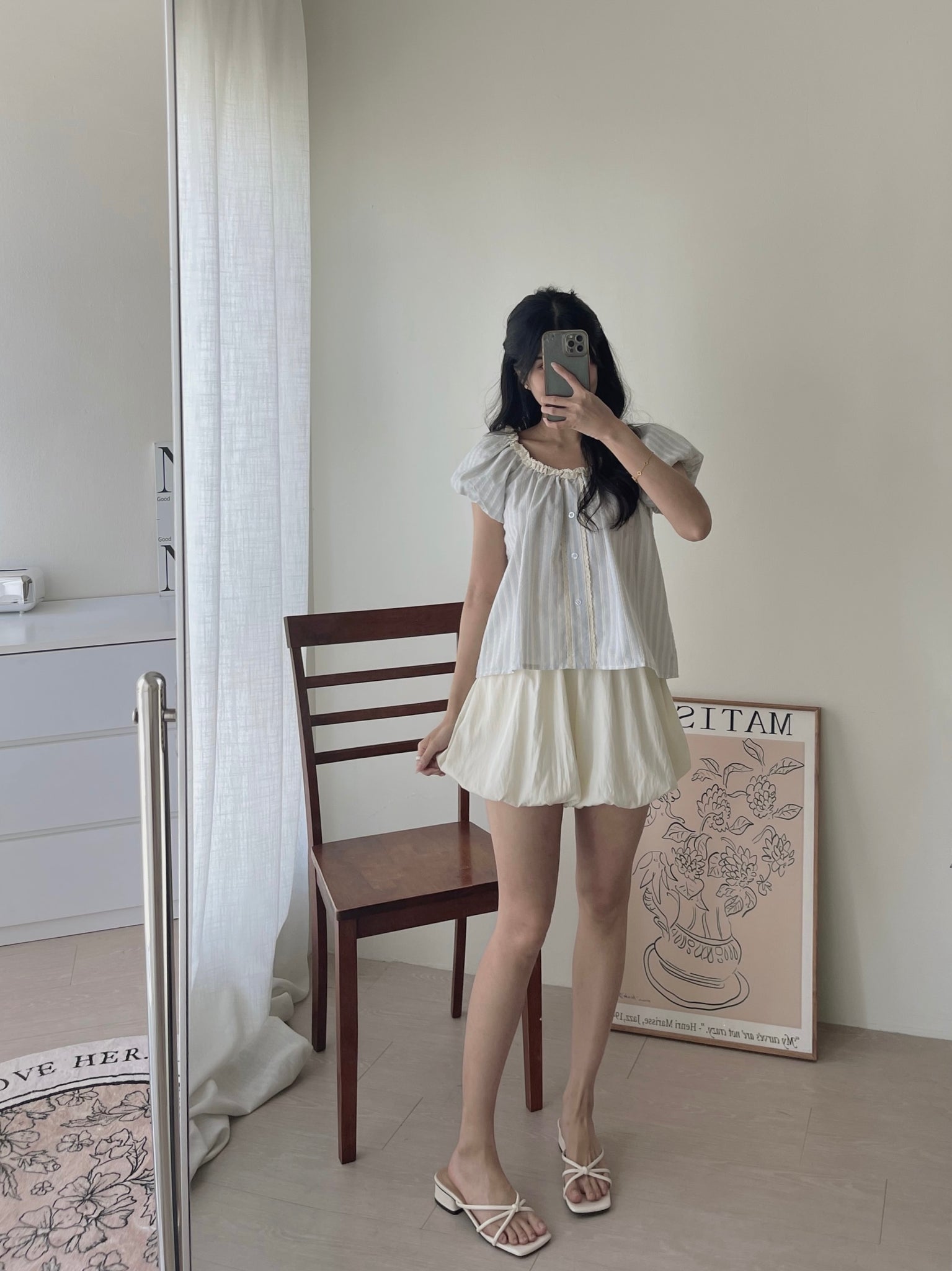 Airy Strip Puff Blouse / 泡泡袖条纹上衣