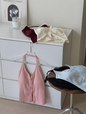 Button Halterneck Padded Top / 纯欲挂脖胸垫背心