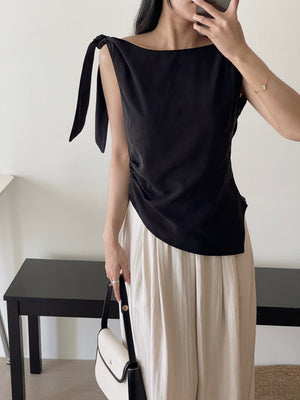 Wide Shoulder Ribbon Top / 宽领单肩系带不规则小衫