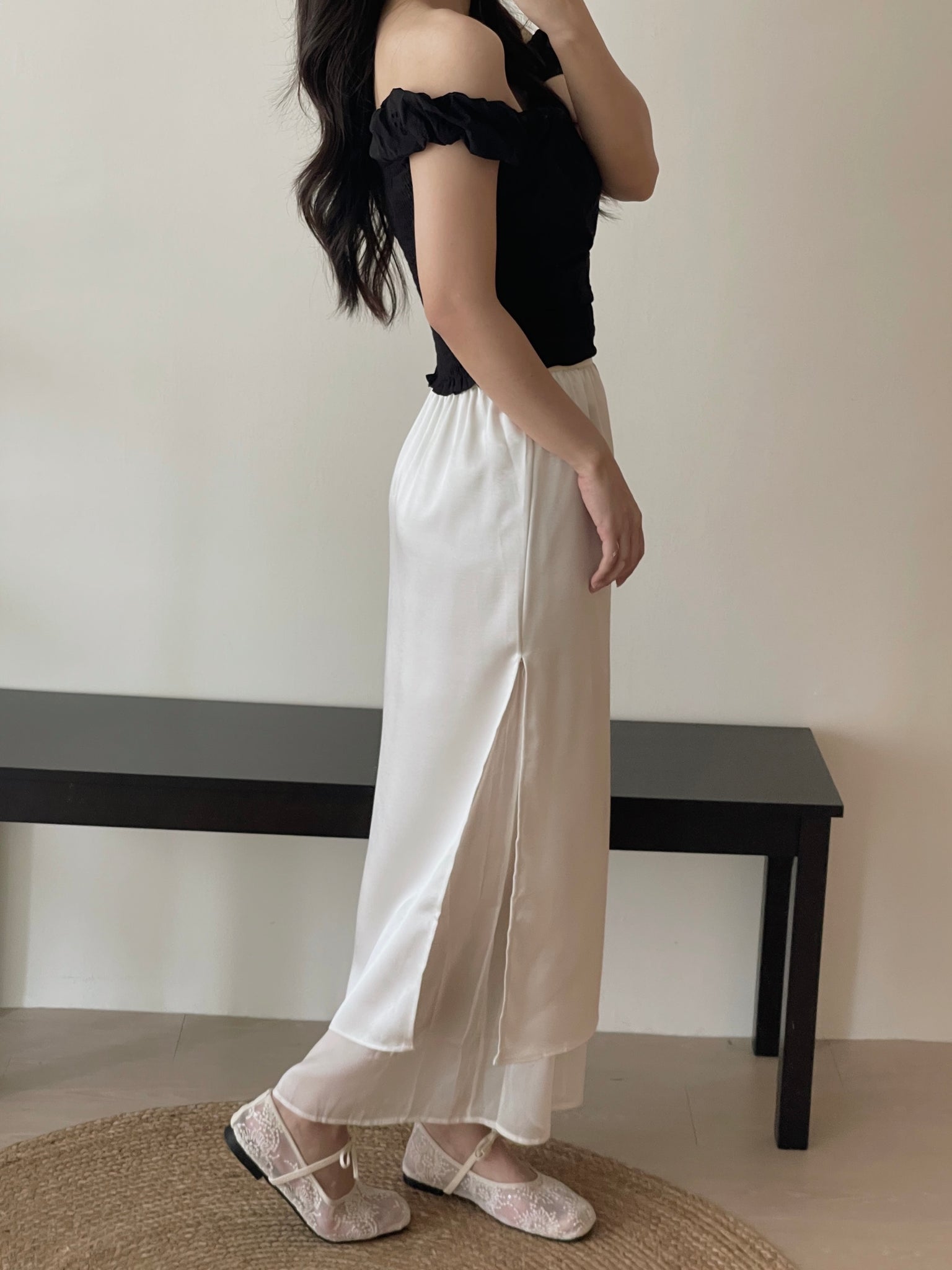 Satin Mesh Layers Skirt / 欧根纱缎面双层半身裙