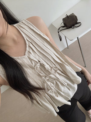 Ribbon Pleated Top / 麻料百褶蝴蝶结上衣