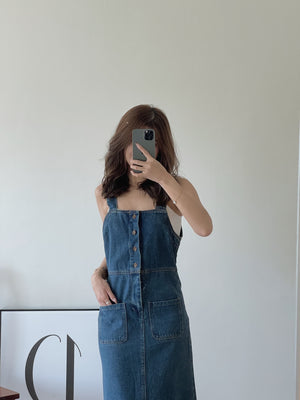 Button Up Dungaree Dress / 排扣牛仔背带长裙