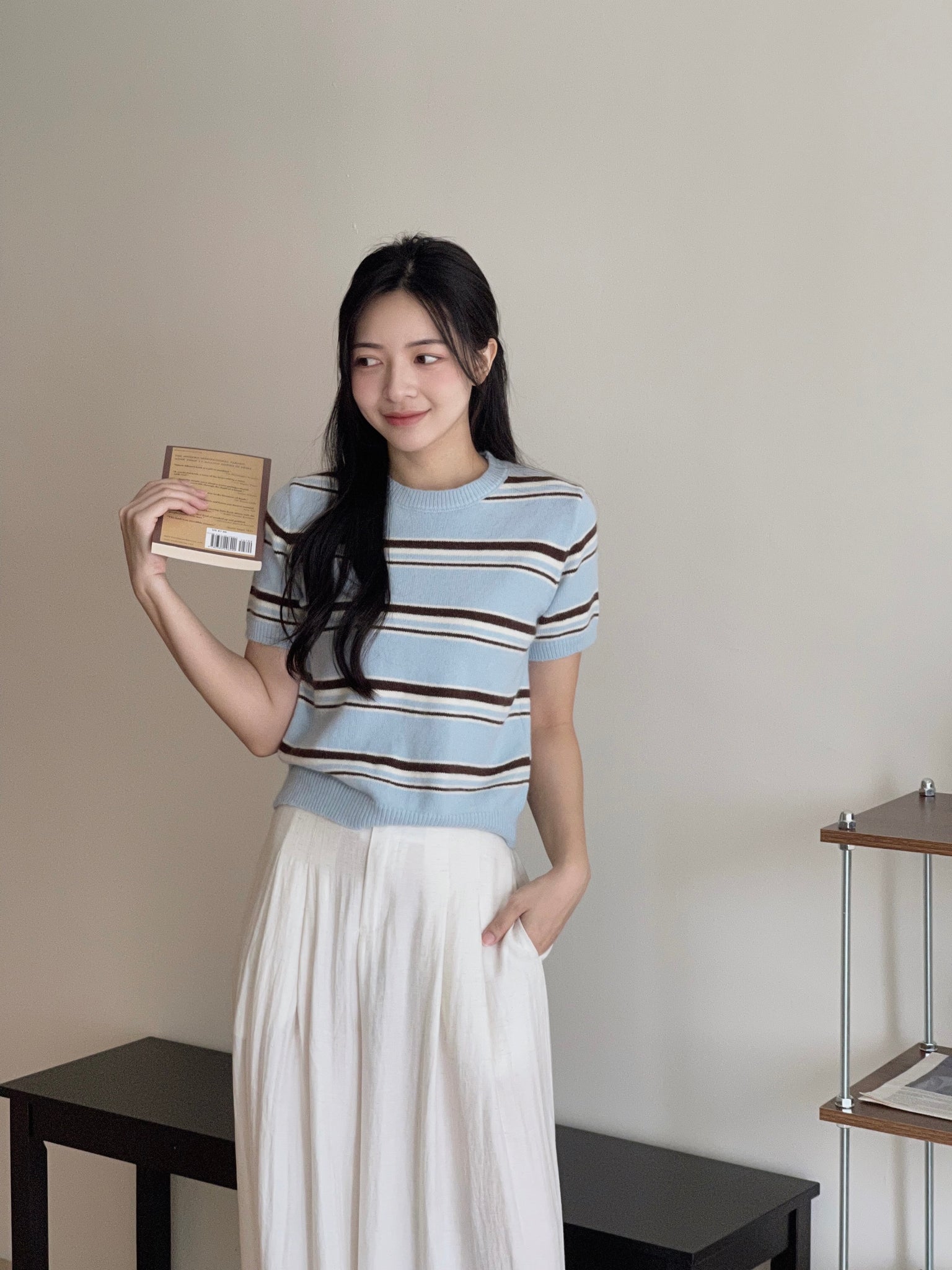 Korean Knit Round Tee / 横条撞色圆领毛衣T恤