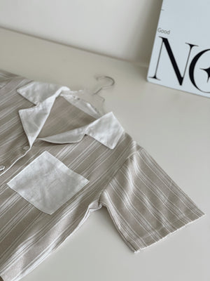 Stripes Linen Crop Shirt / 条纹翻领棉麻短衬