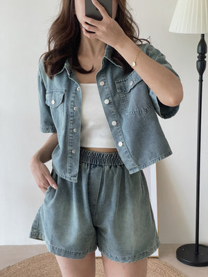 Denim Short Set / 排扣双口袋牛仔两件套
