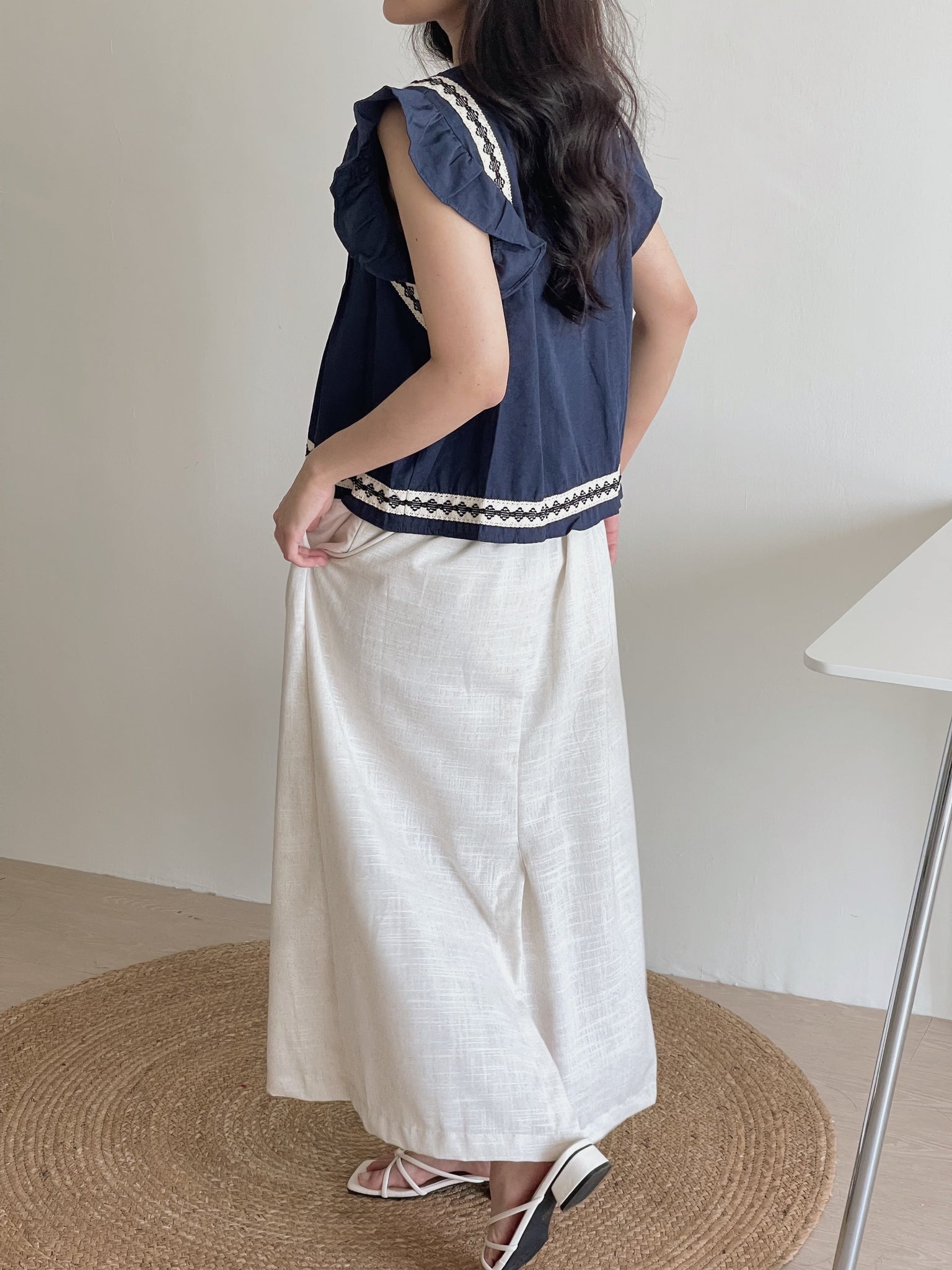 Ethnic Trim Pleated Top / 民族风边条压褶小衫