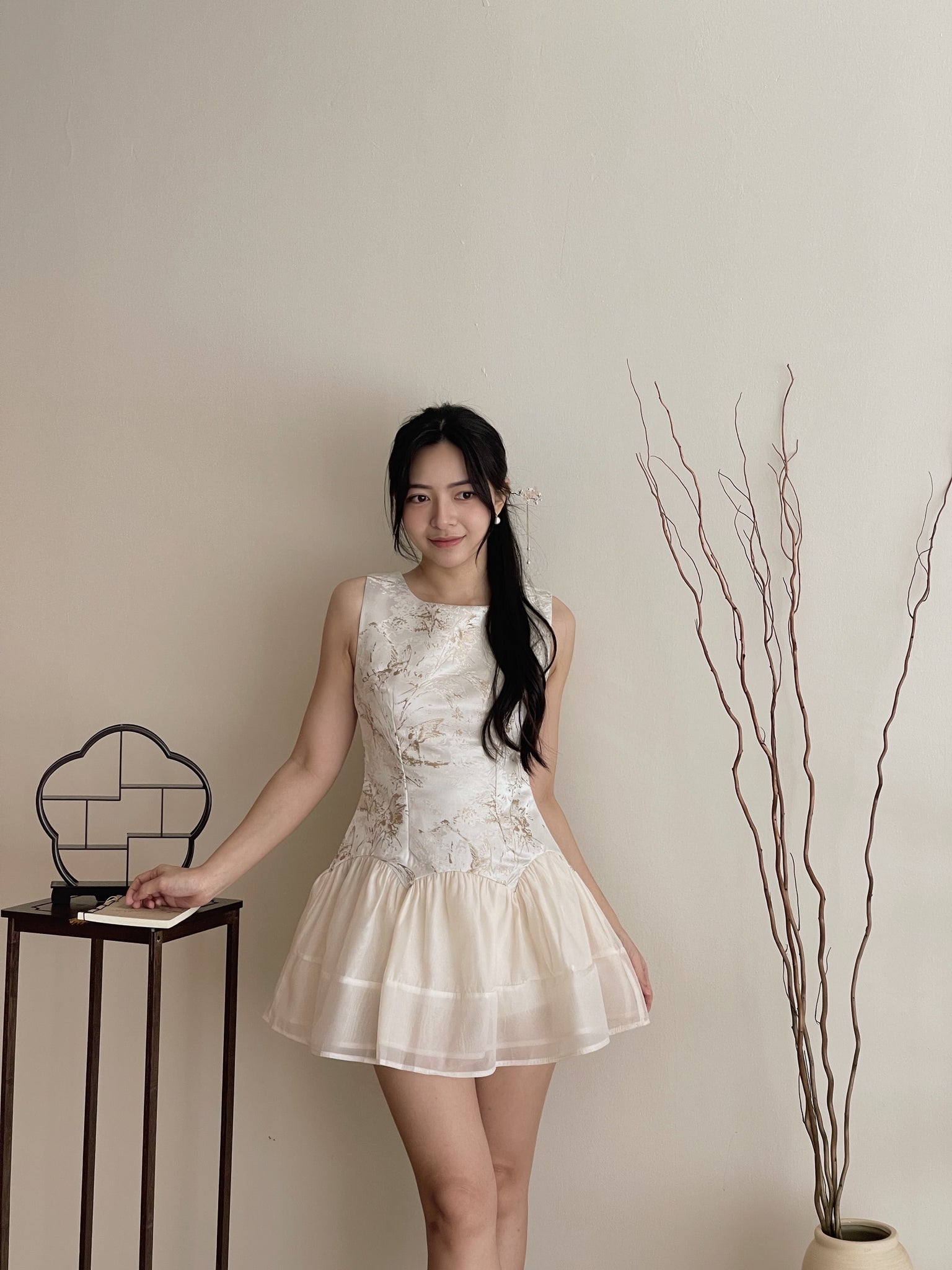 Gilded Mist Jumpsuit Dress / 烟罗织梦-金雾提花薄纱摆连体裤裙