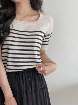 Korean Stripes Knit Top / 条纹针织方领T恤