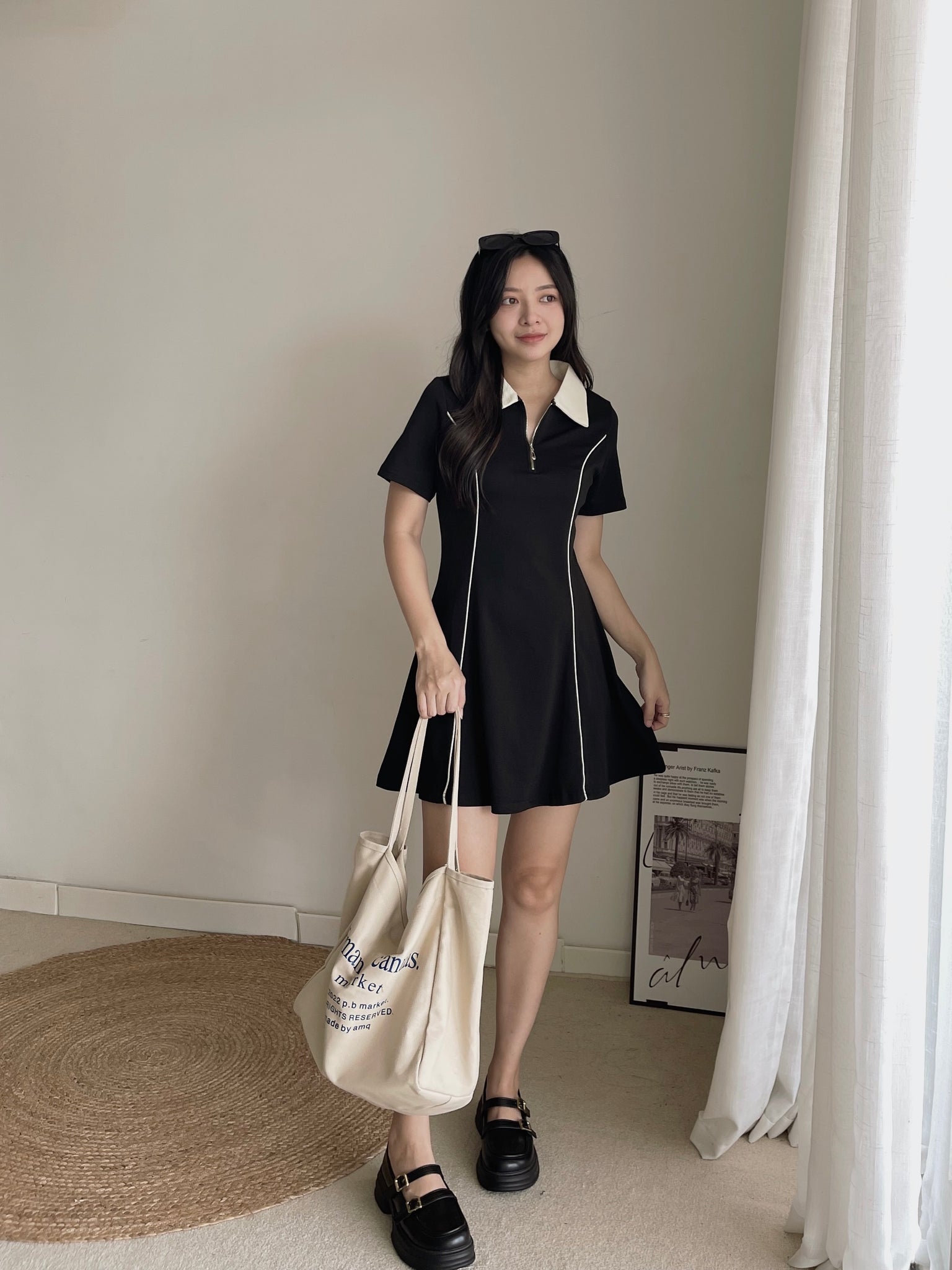 Casual Collar Polo Dress / 学院风线条Polo裙