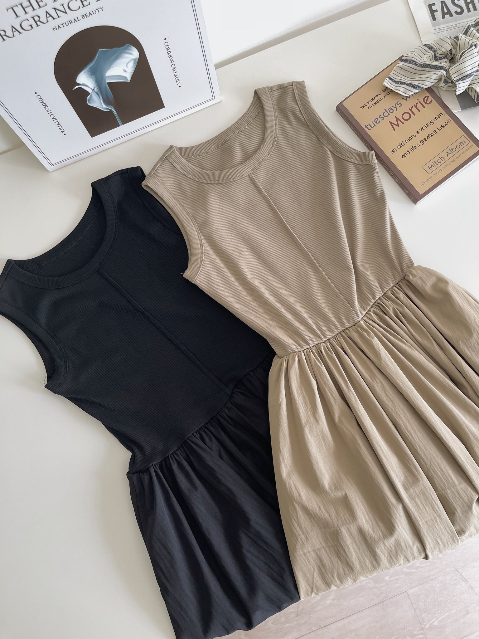Cassia Ribbed Spliced Dress / 背心拼接连身长裙