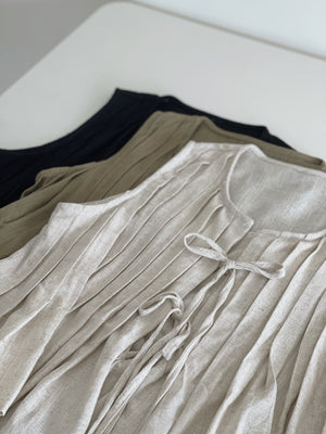 Ribbon Pleated Top / 麻料百褶蝴蝶结上衣