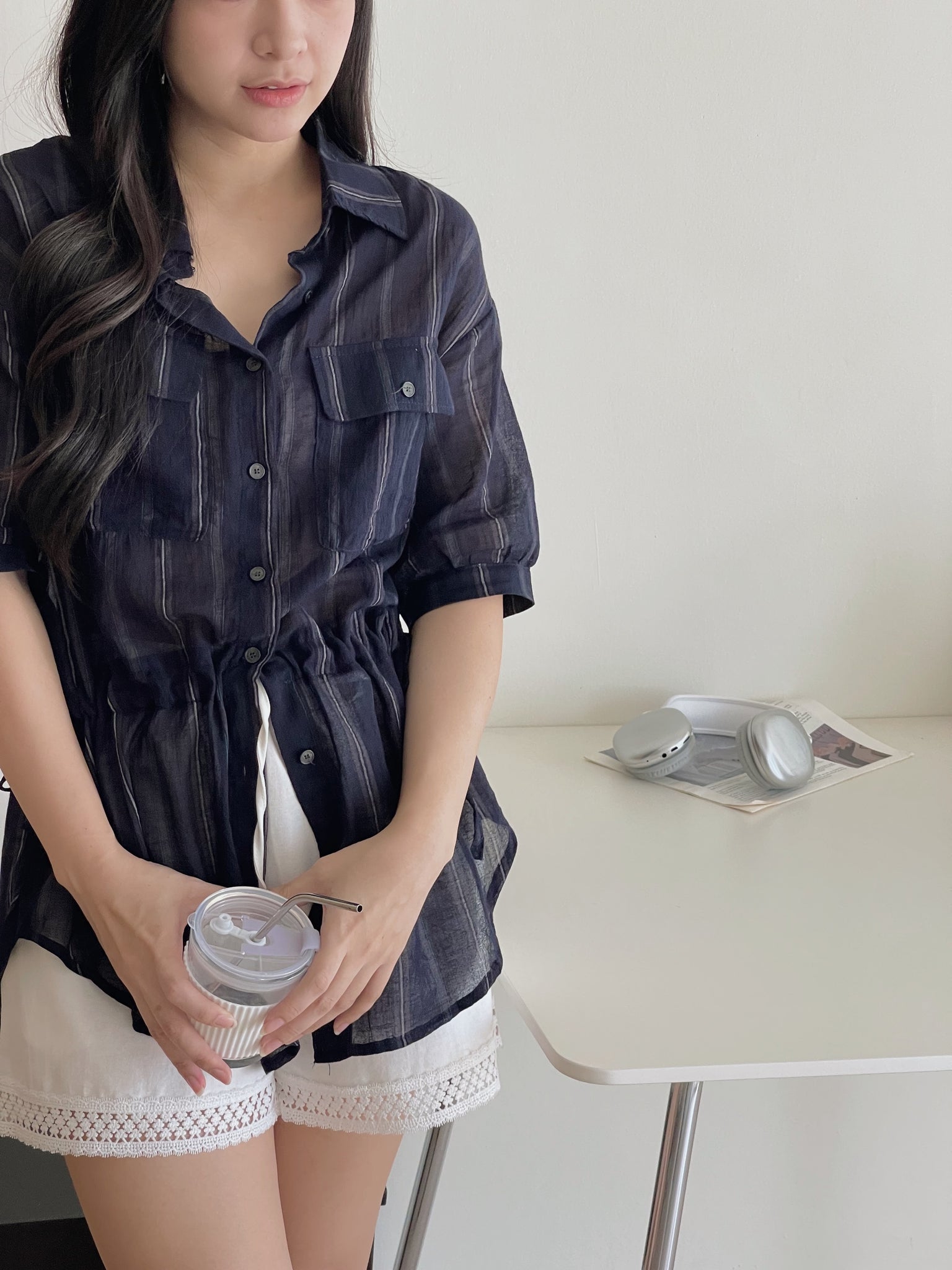 Navy Casual Striped Shirt / 慵懒宽松线条抽绳衬衫