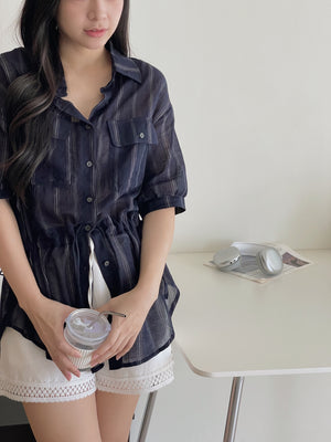 Navy Casual Striped Shirt / 慵懒宽松线条抽绳衬衫