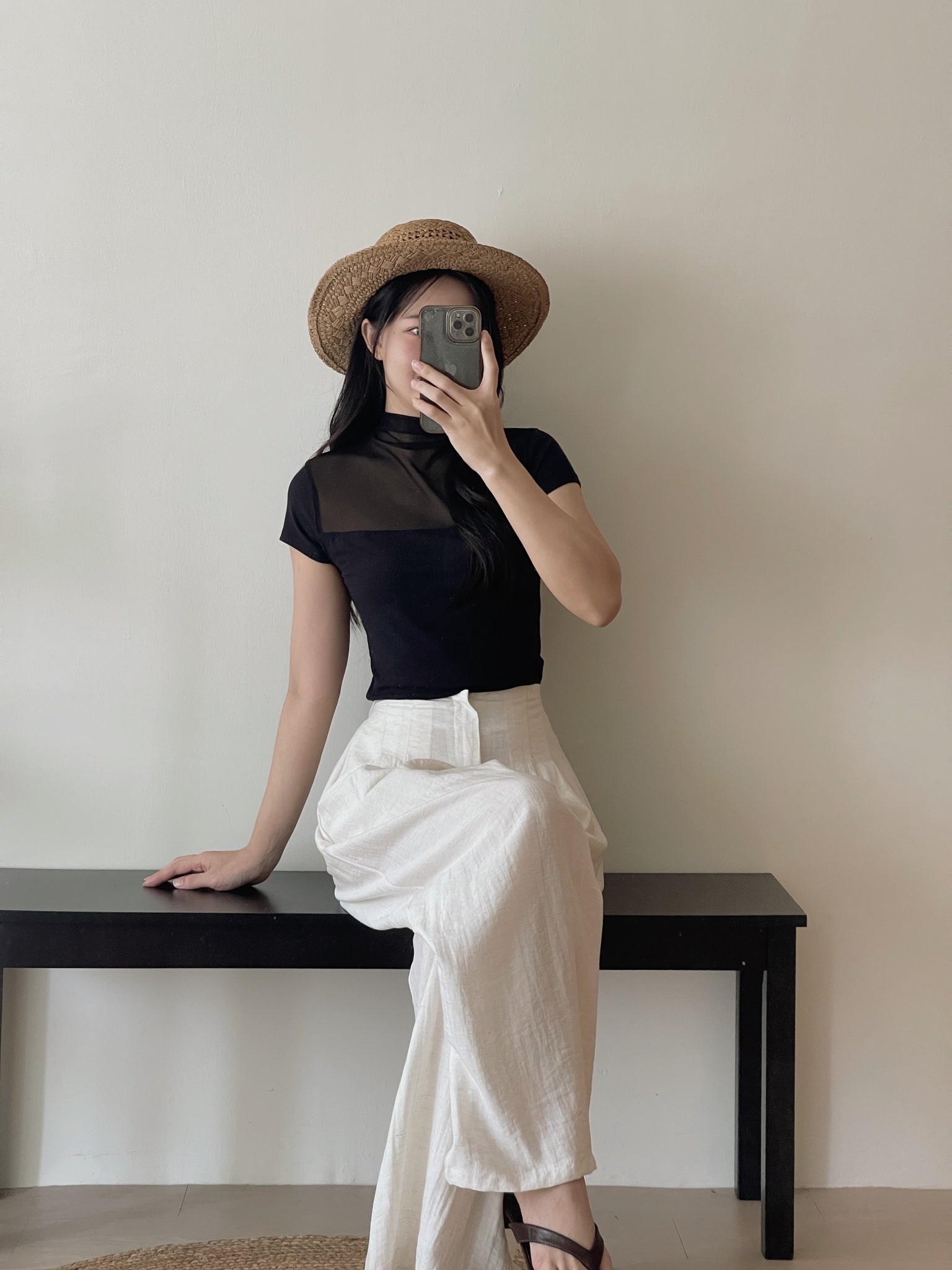 Mesh Spliced Cotton Tee / 网纱拼接半高领棉T恤