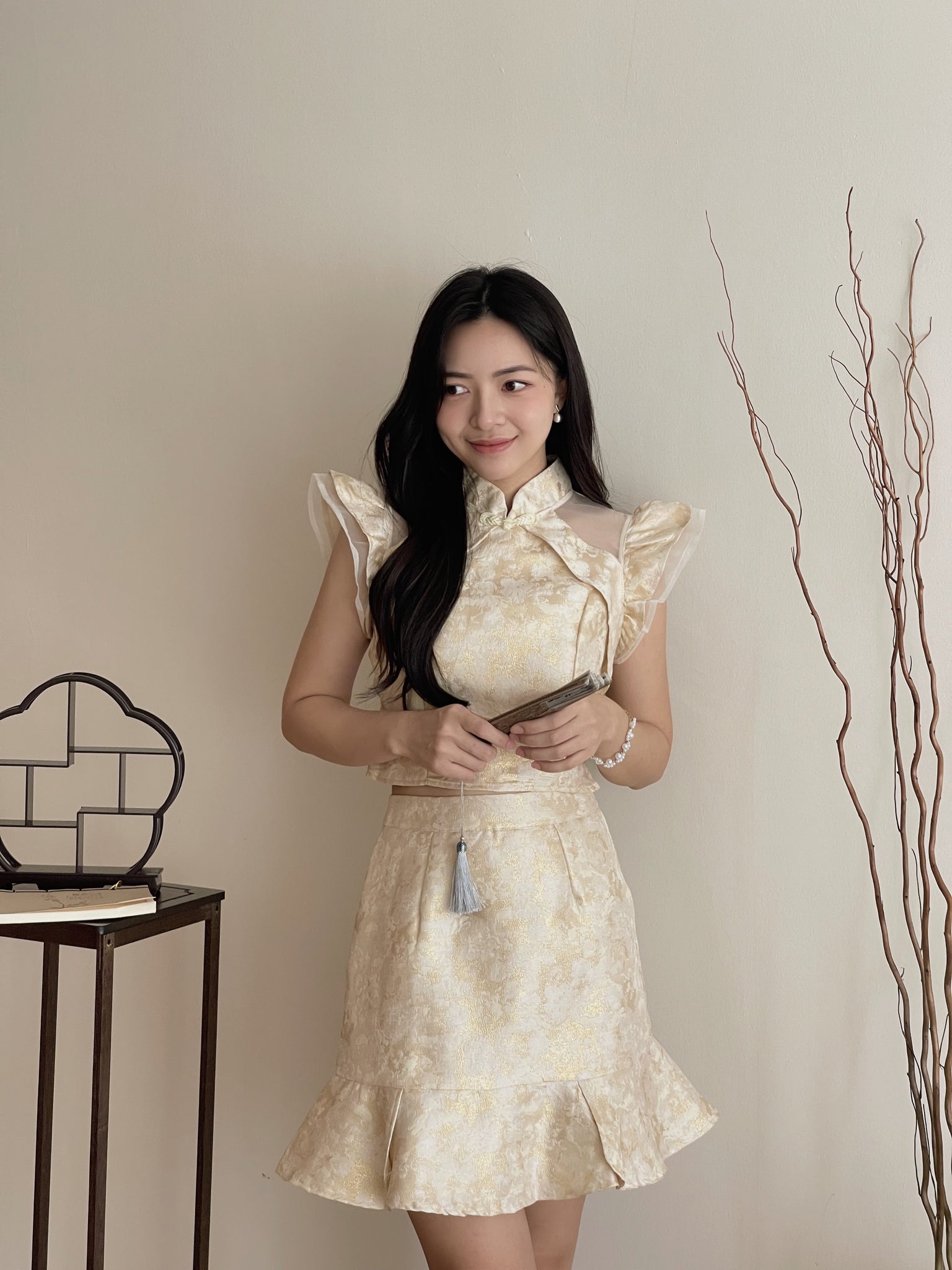 Imperial Grace Qipao Set / 锦霞灿影-盘扣对襟肩纱袖旗袍套装