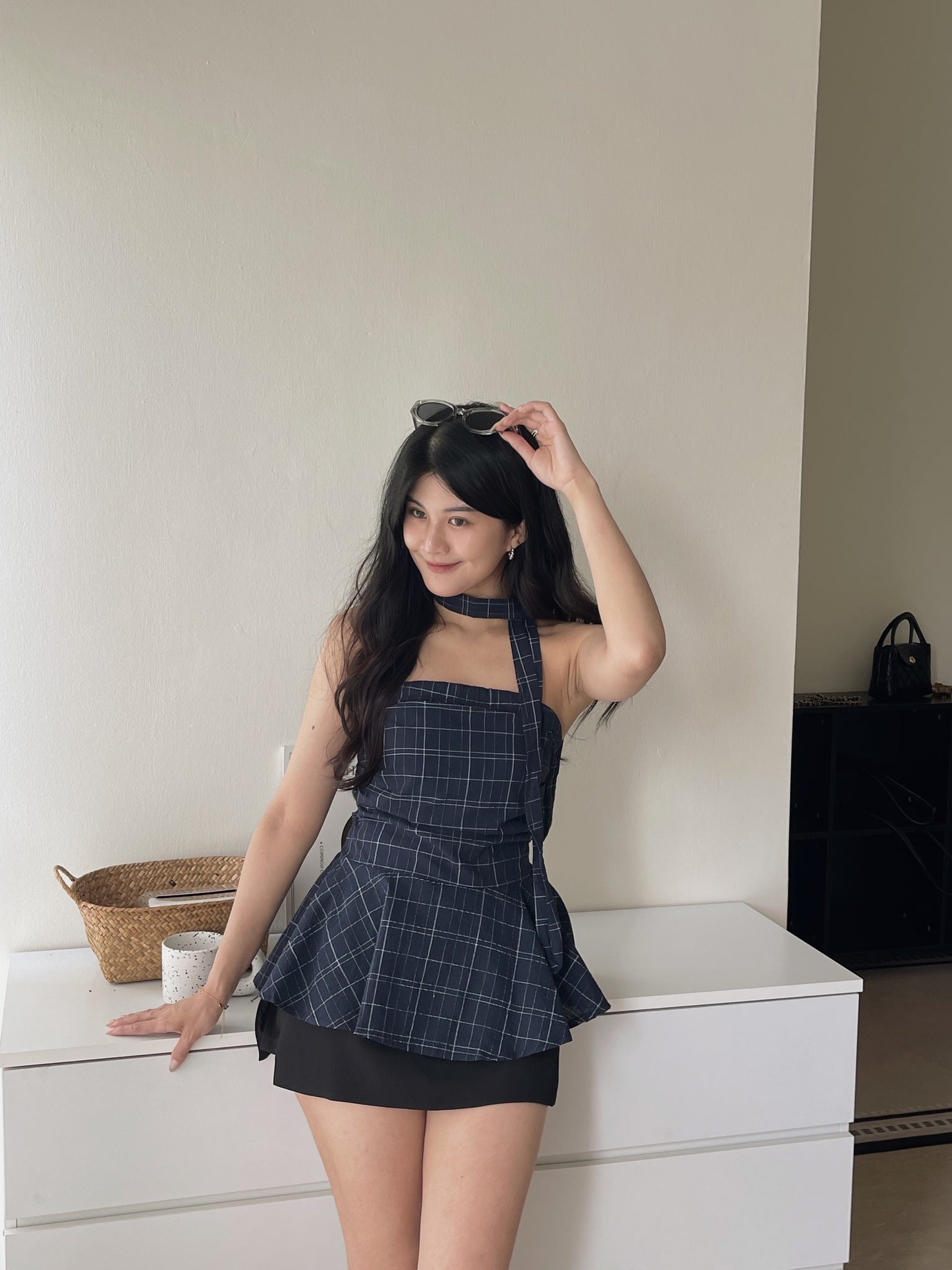 Plaid Halter Strap Tube Top / 格子围脖带上衣抹胸上衣