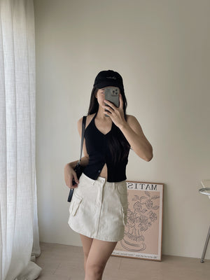 Button Halterneck Padded Top / 纯欲挂脖胸垫背心