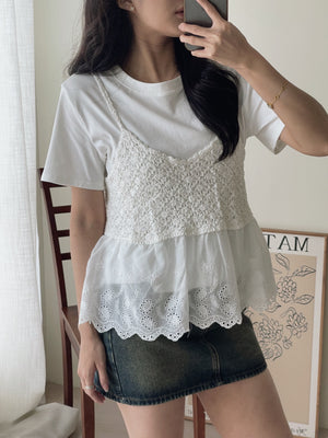 Saina Crochet 2pcs Top / 钩花针织吊带两件套