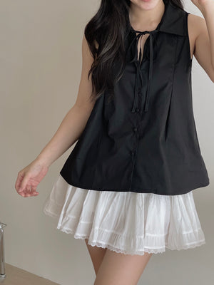 Collar Sleeveless Shirt / 系带翻领宽摆上衣